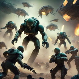 A determined squadron of soldiers running and bravely tackling aggressive aliens in a chaotic battlefield.