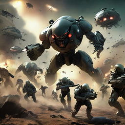 A determined squadron of soldiers running and bravely tackling aggressive aliens in a chaotic battlefield.