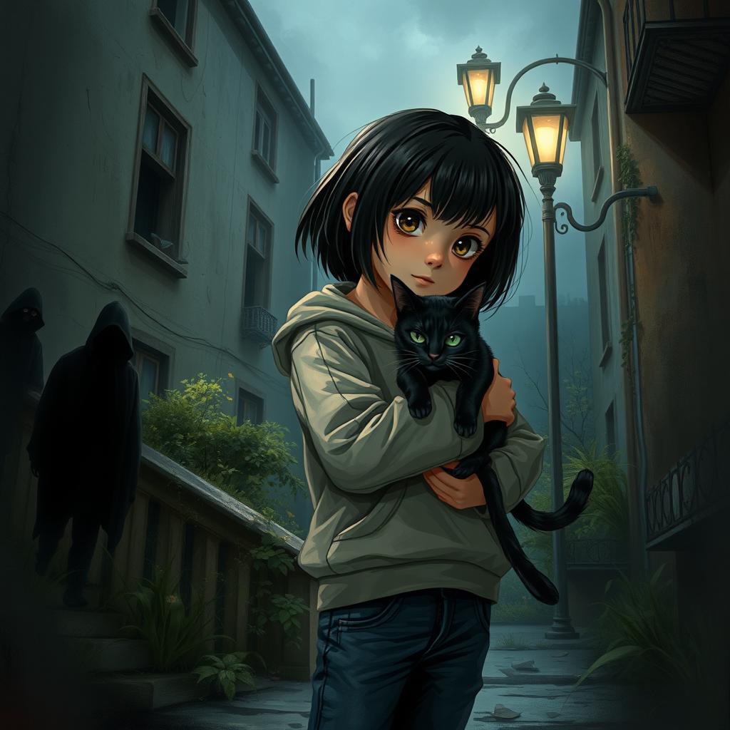 A semi-realistic depiction of a young girl, appearing around twelve years old, with dark hair, wearing a slightly worn hoodie and jeans, holding a sleek black cat in her arms