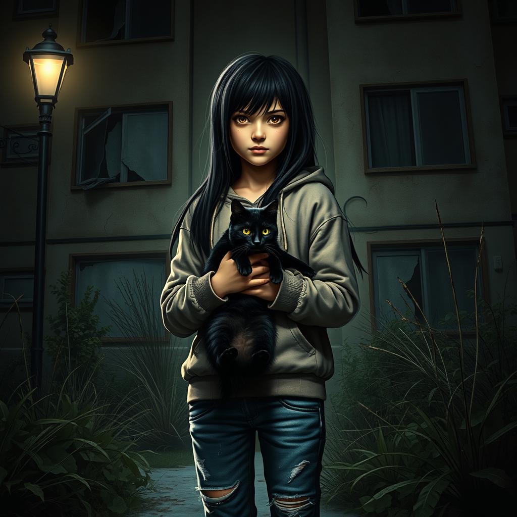 A hyper-realistic image of a young girl, appearing around twelve years old, with long dark hair, wearing a weathered hoodie and distressed jeans, holding a sleek black cat close to her chest