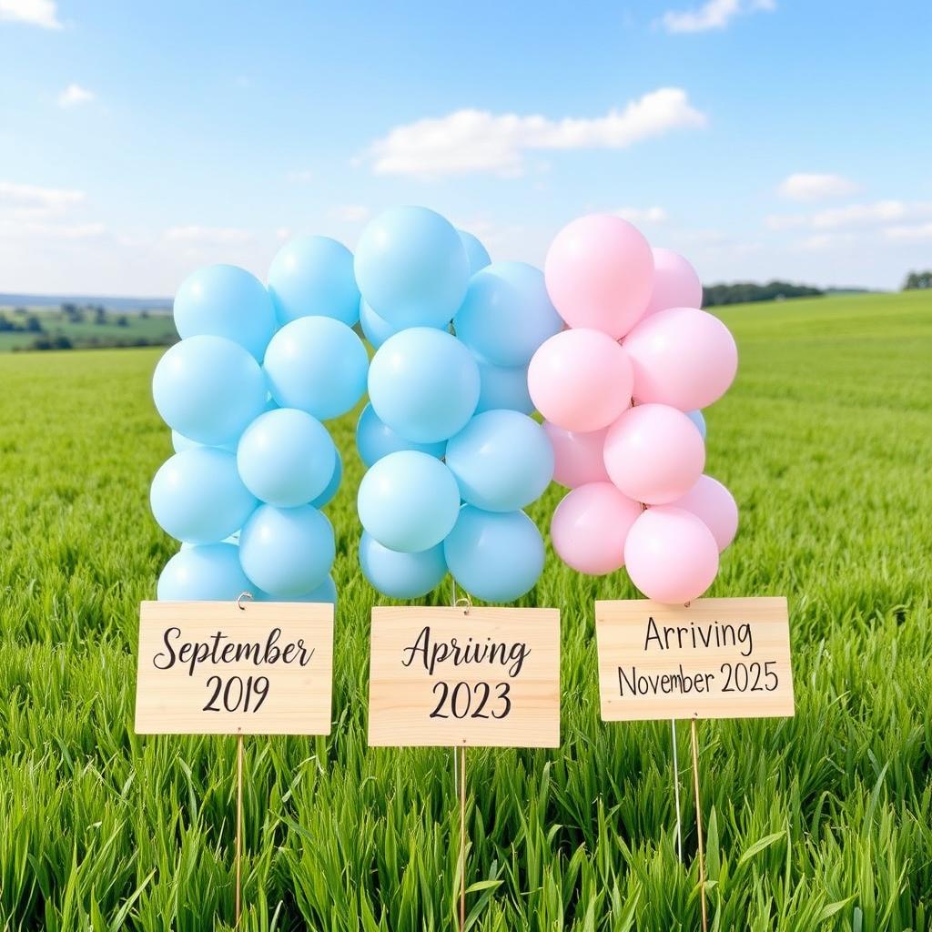 Three bunches of 5 balloons arranged in a straight row in a picturesque green field