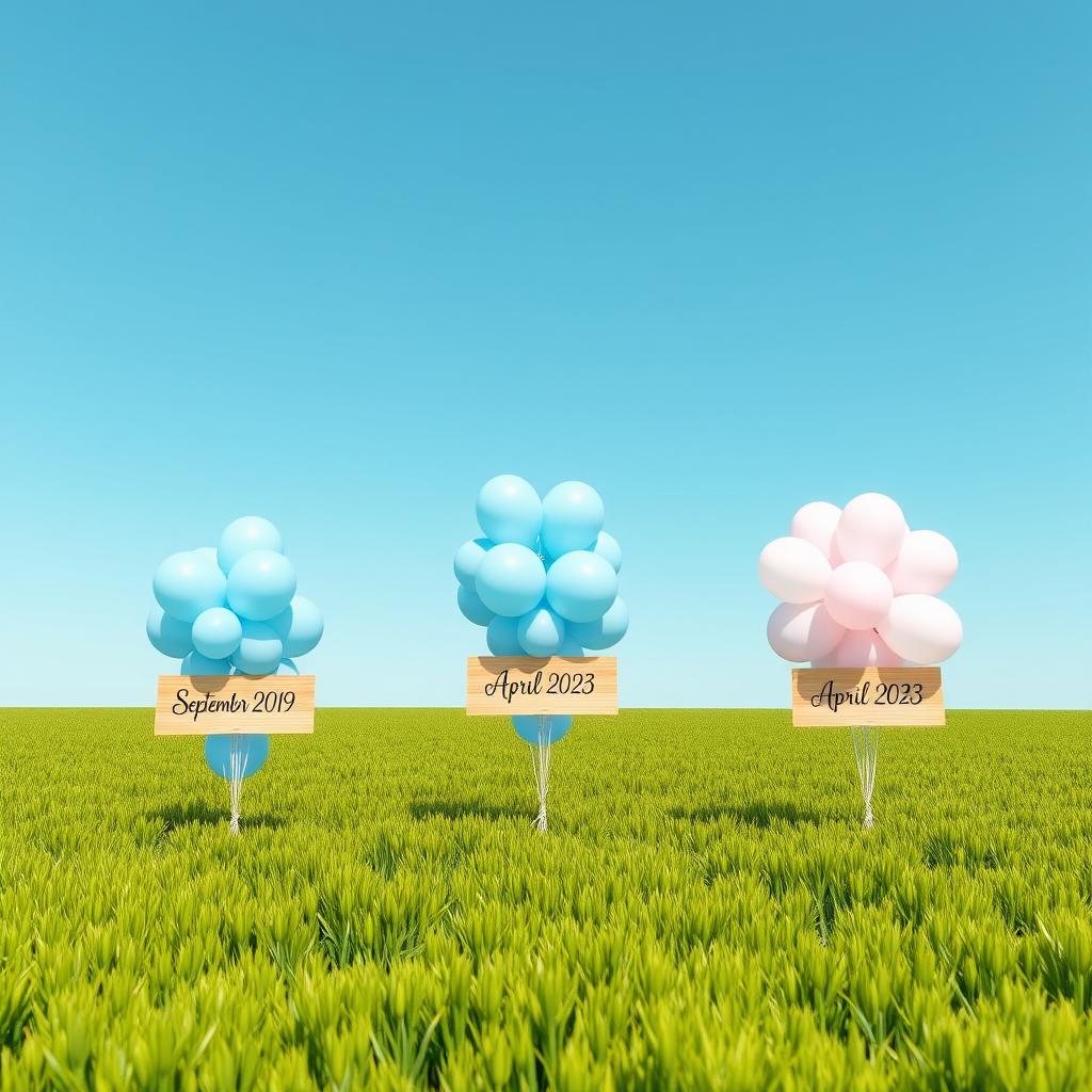 Three bunches of balloons in a straight row in a vibrant green field under a clear blue sky