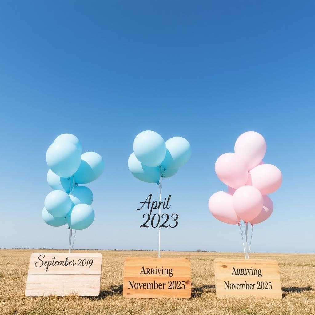 Three bunches of balloons arranged in a straight line in a sunny field