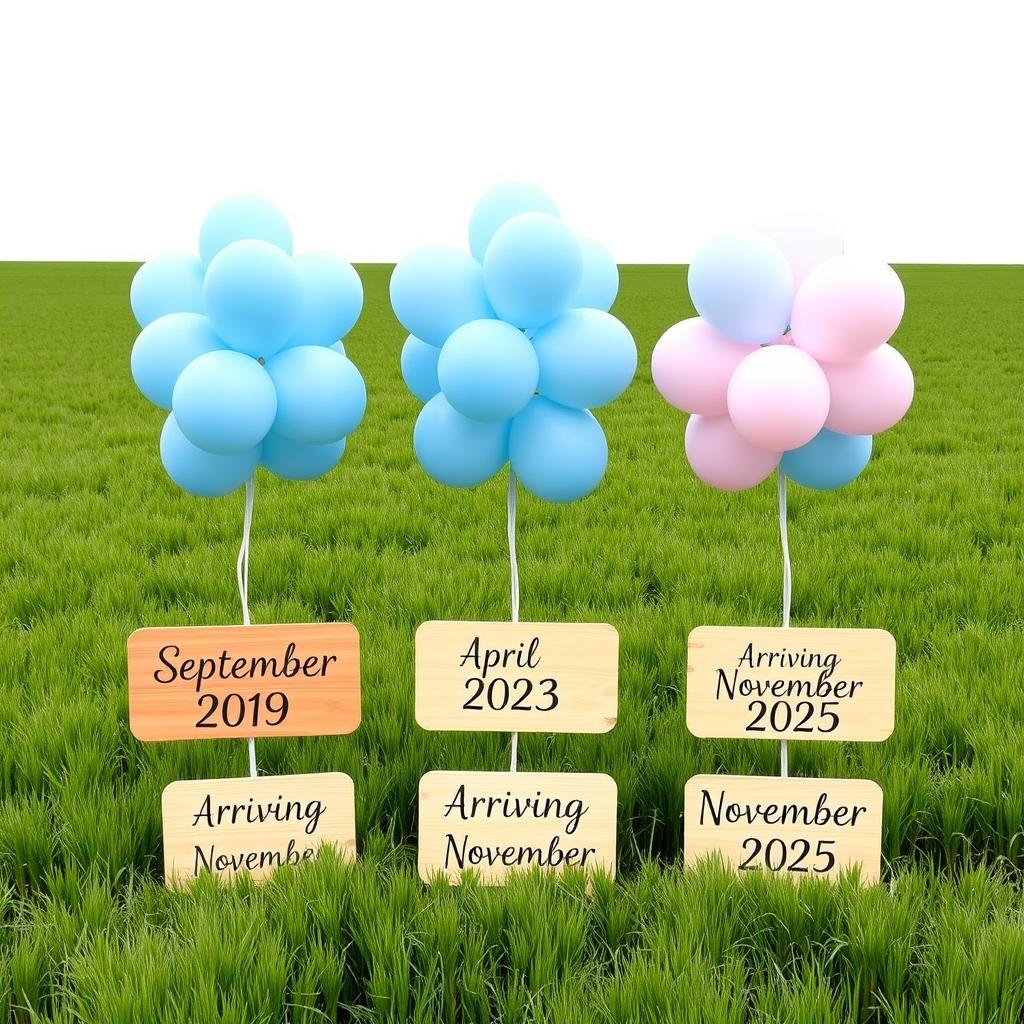 A picturesque field with three bunches of five balloons arranged in a straight line