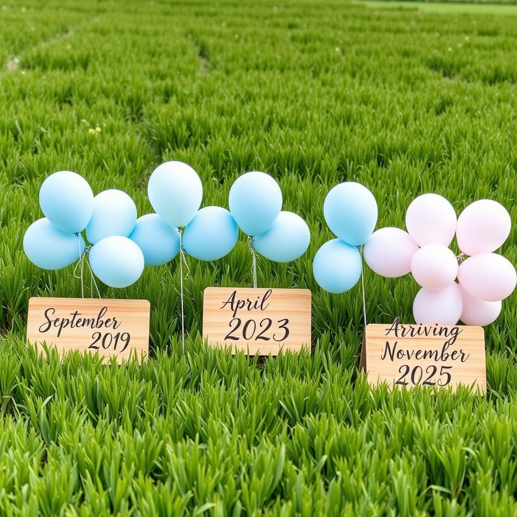 A picturesque scene in a lush green field featuring three bunches of balloons arranged in a straight row