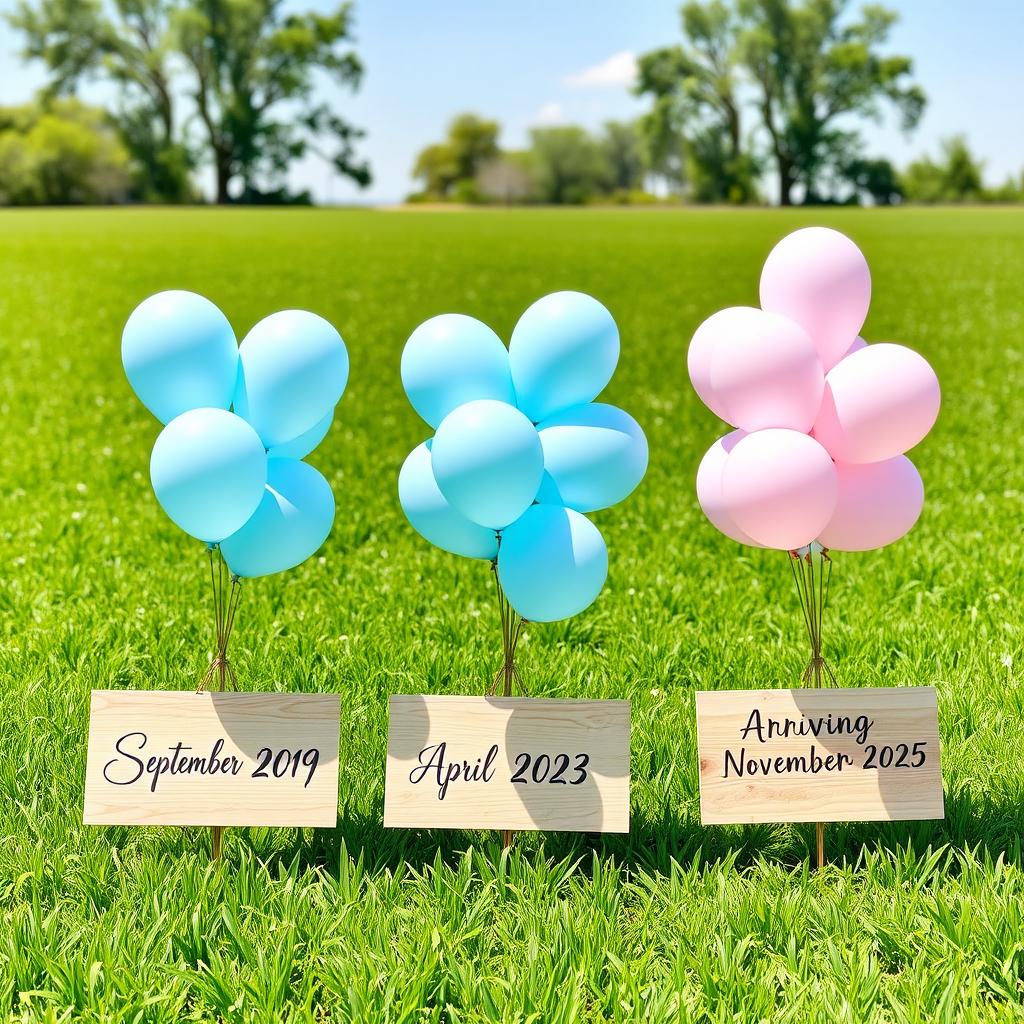 A picturesque scene featuring three identical bunches of balloons arranged in a straight row in a vibrant green field