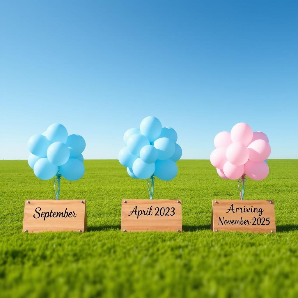 Three bunches of 5 balloons arranged in a straight row across a gentle green field under a clear blue sky