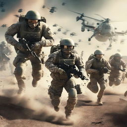 Hyper-realistic image of a terrified squadron of soldiers, running for their lives whilst simultaneously trying to tackle an onslaught of alien intruders.