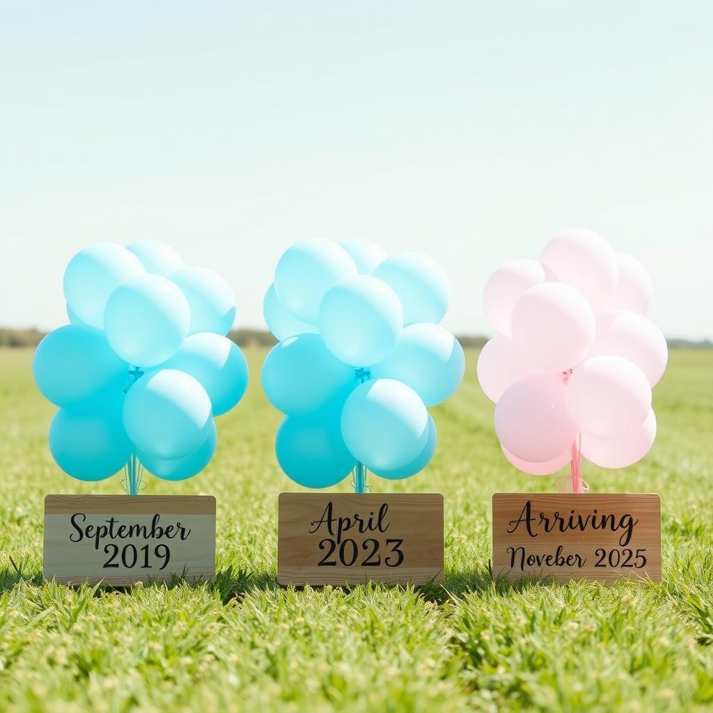 A picturesque field with a straight row of three bunches of balloons