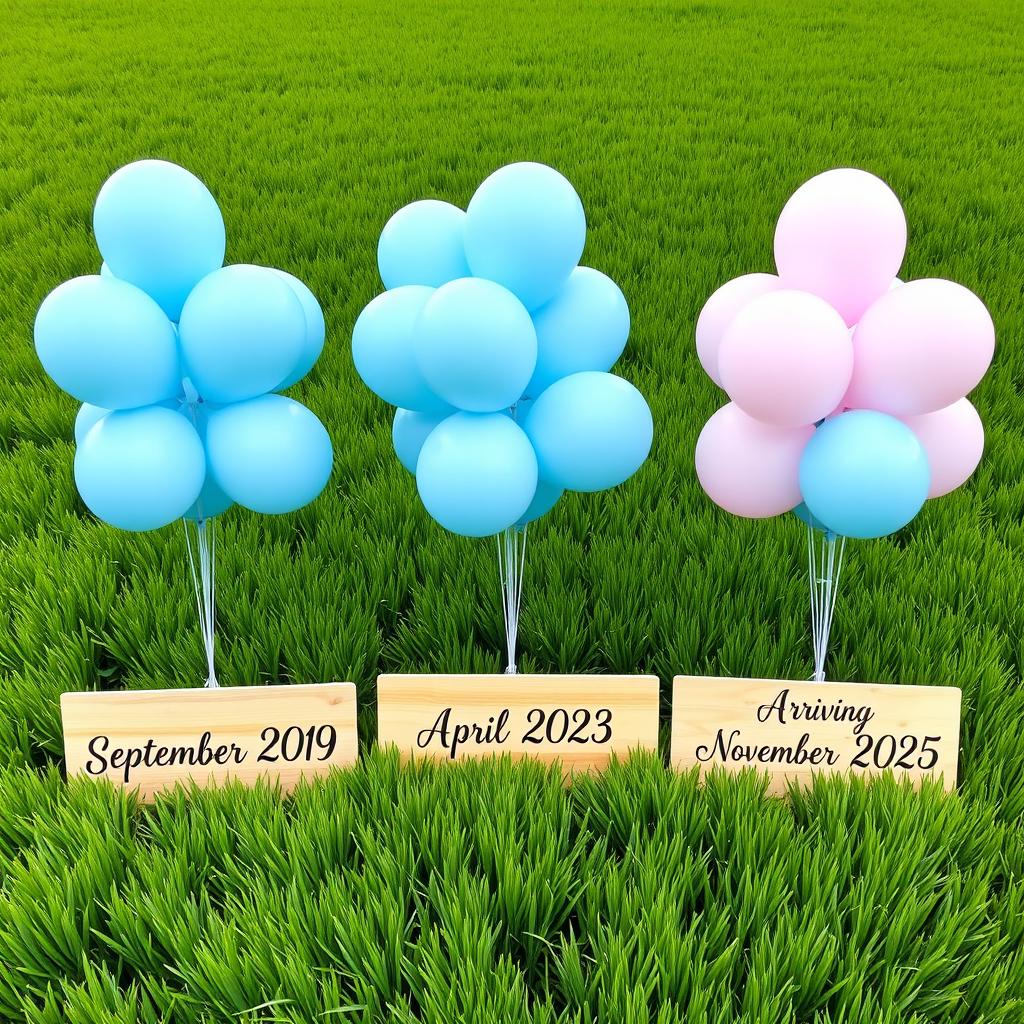 Three bunches of balloons in a straight row in a vibrant green field