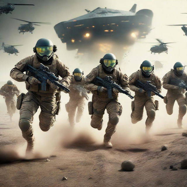 Hyper-realistic image of a terrified squadron of soldiers, running for their lives whilst simultaneously trying to tackle an onslaught of alien intruders.