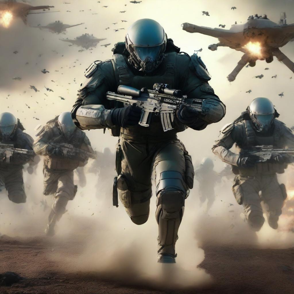 Hyper-realistic image of a terrified squadron of soldiers, running and battling alien invaders while gripped by fear and fighting for survival.