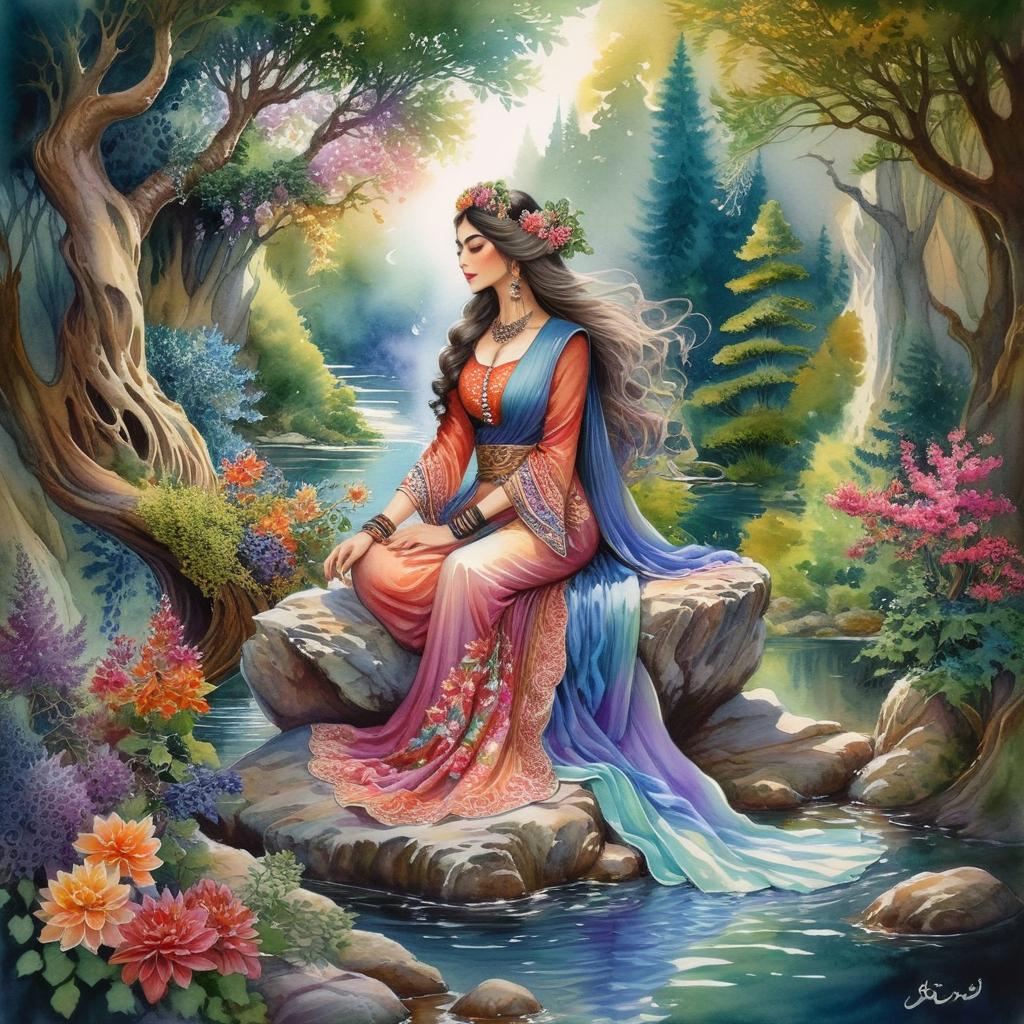 Mystical and spiritual watercolor painting of a beautiful Iranian woman sitting on a rock on a beautiful and peaceful pond in a dense forest with cypress trees, plane trees, grapevines, winding bonsai trees, and a whirlwind of colorful flowers and beautiful.
