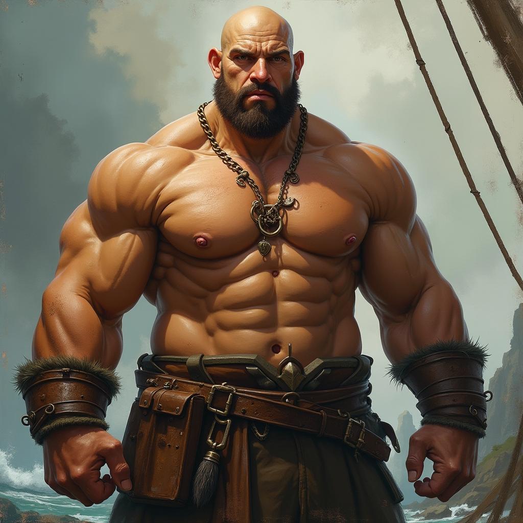 A muscular, bald man named Caine Concord, standing confidently