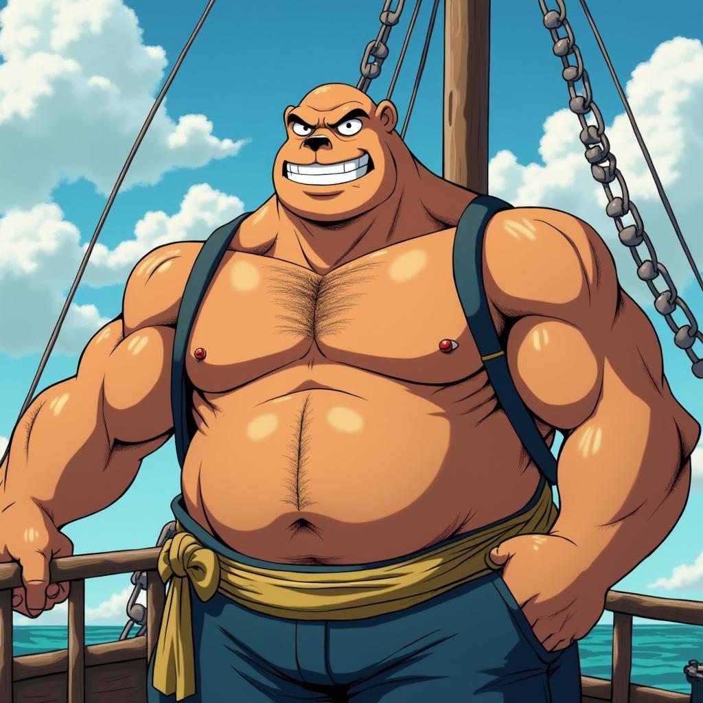 Caine Concord, a muscular and tanned anime character without teeth, is depicted as the heavyset bear who is the only crew member with a clean scent