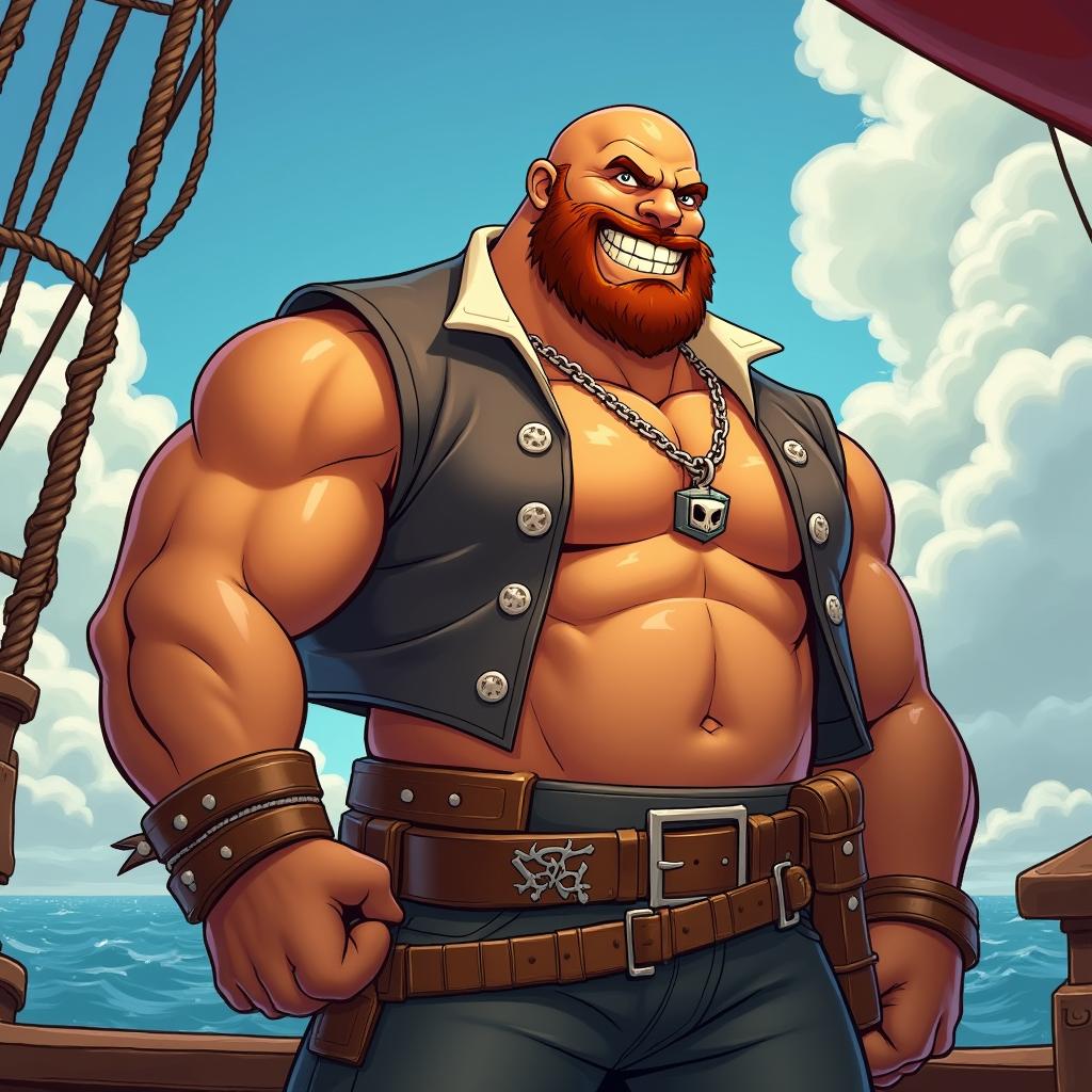 Caine Concord, depicted as a muscular first mate with tanned skin and a charismatic presence