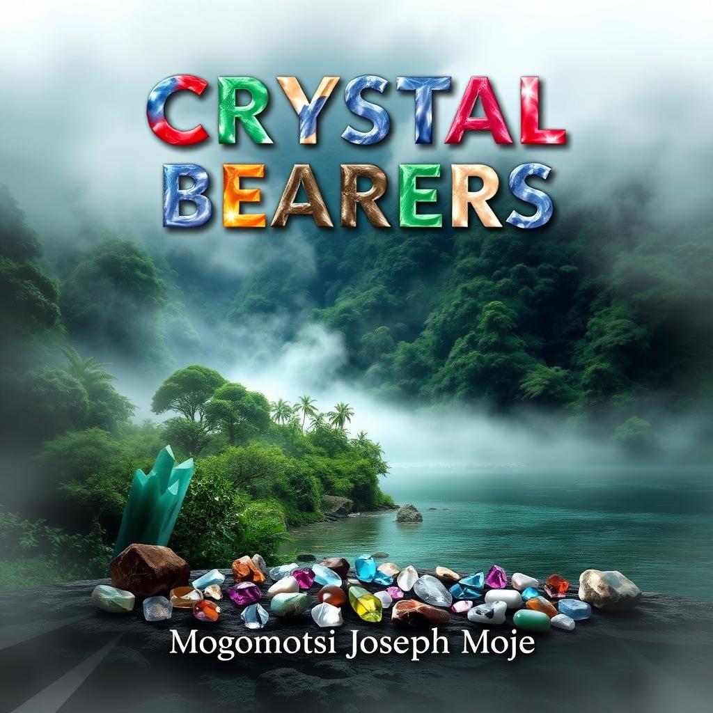 An enchanting book cover featuring the title 'CRYSTAL BEARERS' prominently displayed at the top in capital letters, crafted in a variety of colors resembling different crystal stones