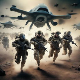 Hyper-realistic image of a terrified squadron of soldiers, running and battling alien invaders while gripped by fear and fighting for survival.