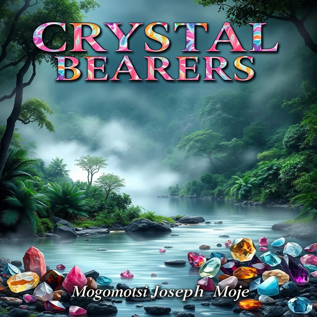An enchanting book cover featuring the title 'CRYSTAL BEARERS' prominently displayed at the top in capital letters, adorned with a vibrant palette of colors reflecting various crystal stones