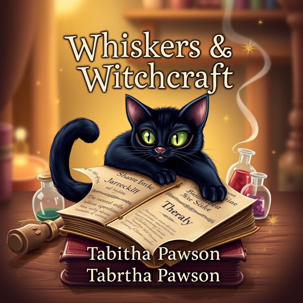 A whimsical and enchanting book cover design for "Whiskers & Witchcraft" by Tabitha Pawson