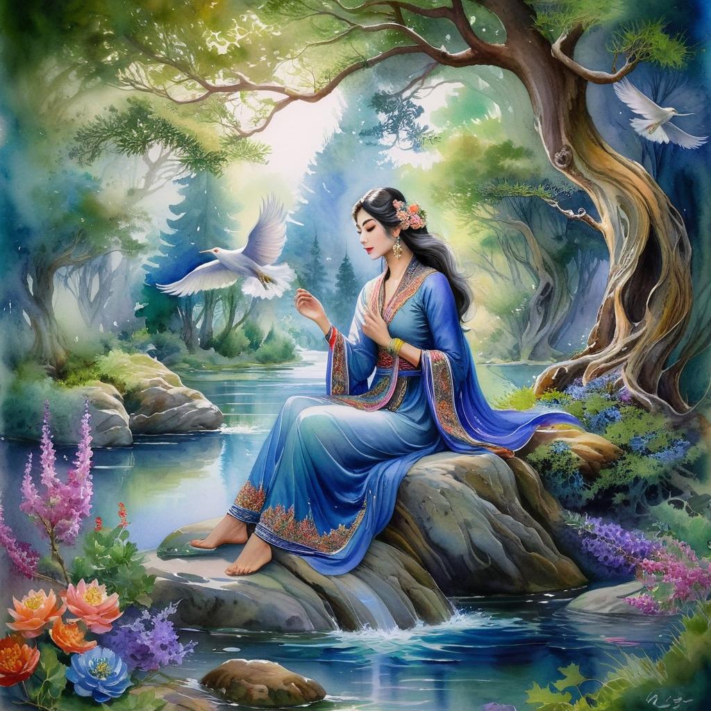 Mystical and spiritual watercolor painting of a beautiful Iranian woman sitting on a rock on a beautiful and peaceful pond in a dense forest with cypress trees, plane trees, grapevines, winding bonsai trees, and a whirlwind of colorful flowers and beautiful.