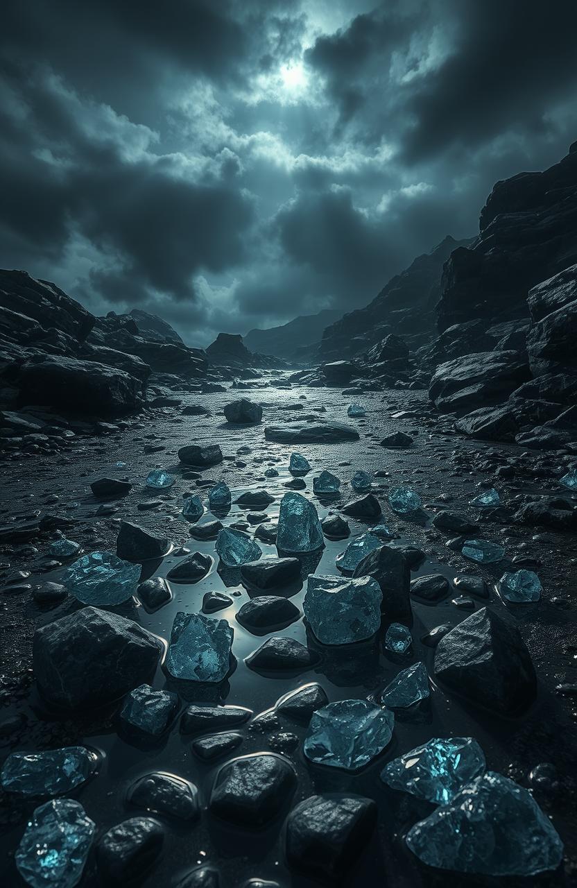 A mystical dark fantasy setting featuring scattered crystal stones glistening in the light, surrounded by water puddles that reflect the shimmering crystals