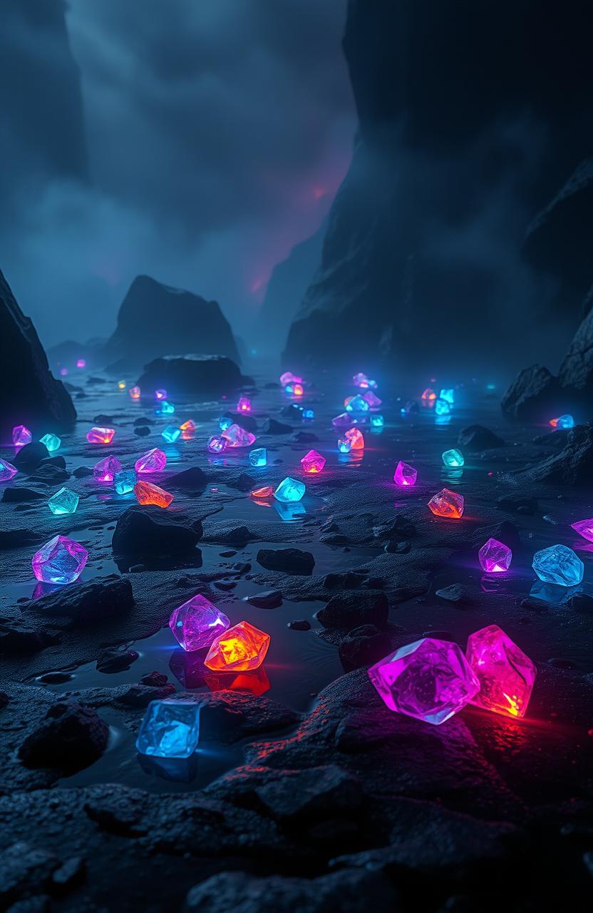 A dark fantasy scene inspired by the concept of Crystal Bearers, featuring an array of shimmering crystal stones scattered across a misty, surreal landscape