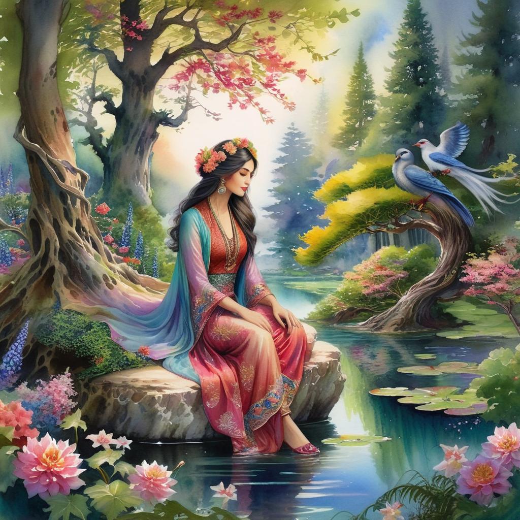 Mystical and spiritual watercolor painting of a beautiful Iranian woman sitting on a rock on a beautiful and peaceful pond in a dense forest with cypress trees, plane trees, grapevines, winding bonsai trees, and a whirlwind of colorful flowers and beautiful.