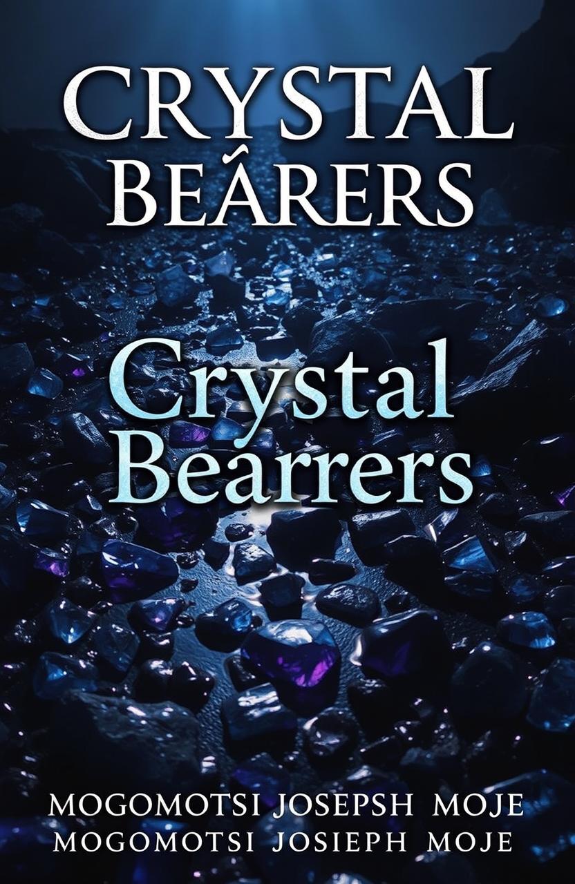 A dark fantasy book cover for 'Crystal Bearers' by Mogomotsi Joseph Moje, featuring an atmospheric scene filled with scattered crystal stones in varying shades of deep blues, purples, and blacks