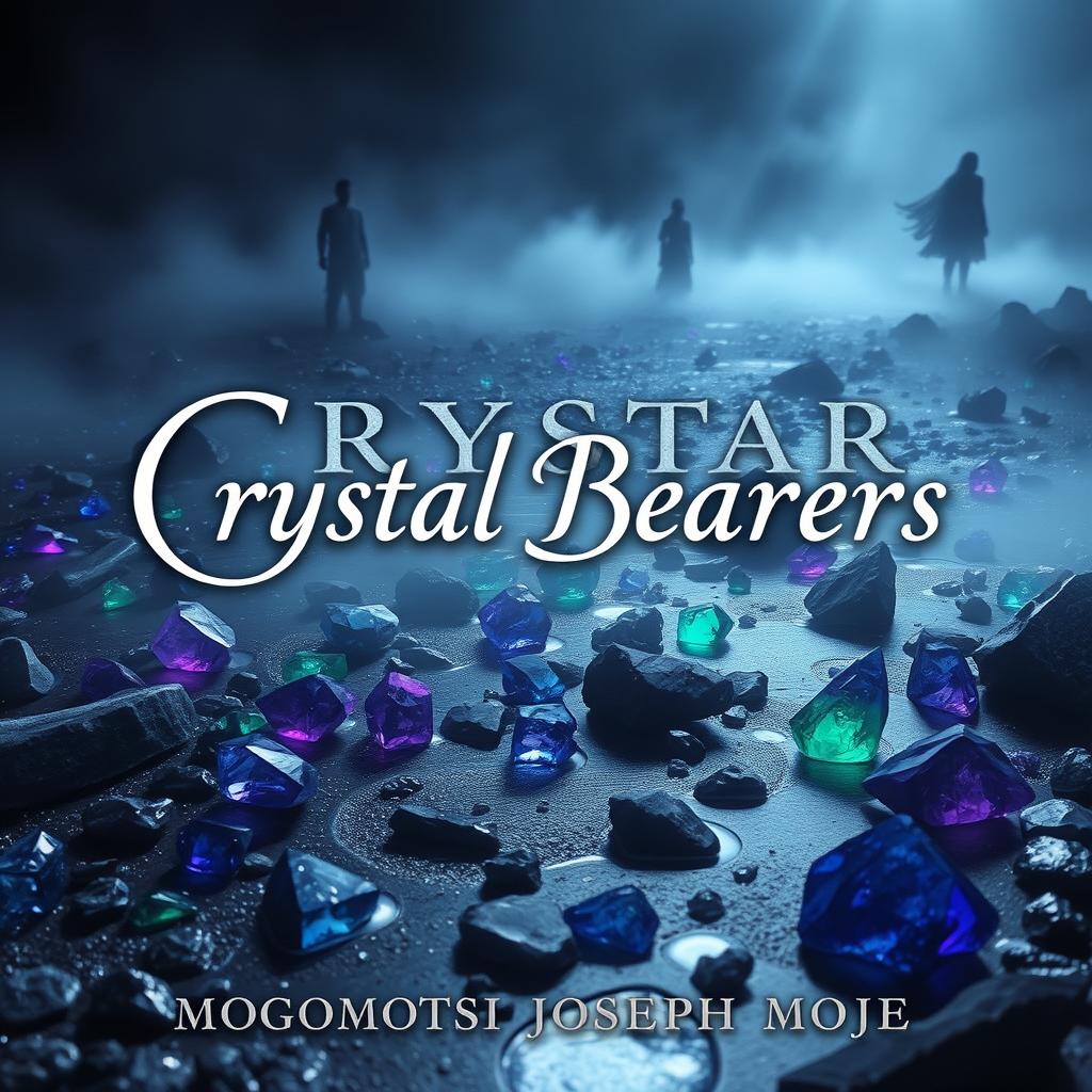 A dark fantasy book cover for 'Crystal Bearers' by Mogomotsi Joseph Moje, showcasing a mystical atmosphere filled with scattered crystal stones in captivating shades of dark blue, violet, and emerald