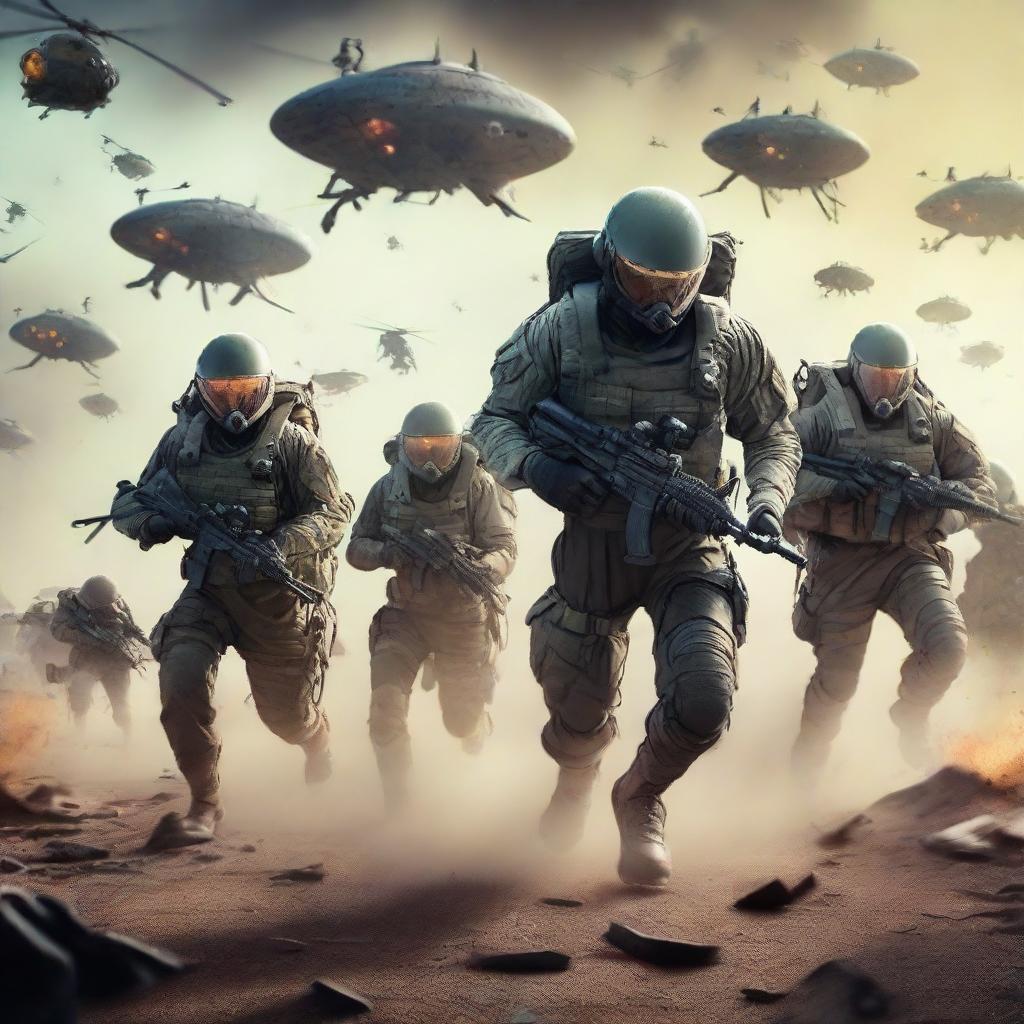 Hyper-realistic image of a terrified squadron of soldiers, running and battling alien invaders while gripped by fear and fighting for survival.