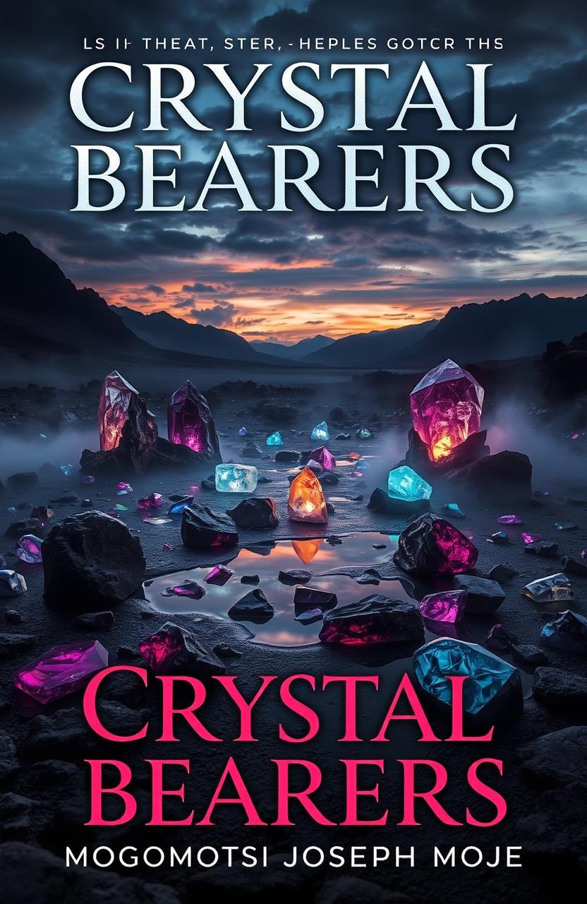 A captivating book cover for 'Crystal Bearers' by Mogomotsi Joseph Moje, set in a dark fantasy realm