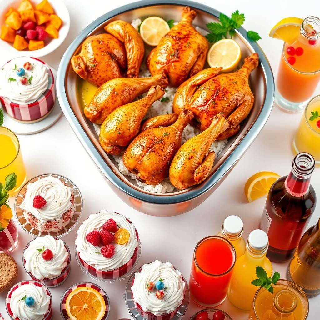 A vibrant and enticing food banner featuring a variety of beautifully cooked chickens in an elegant food tray, showcasing different flavors like spicy, lemon herb, and barbecue