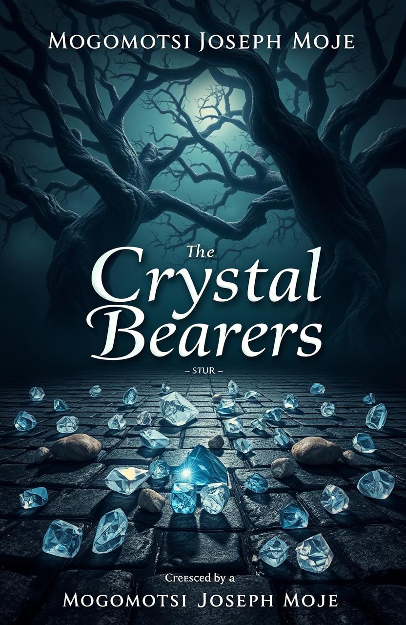 A stunning book cover for 'Crystal Bearers' by Mogomotsi Joseph Moje, featuring a dark fantasy theme