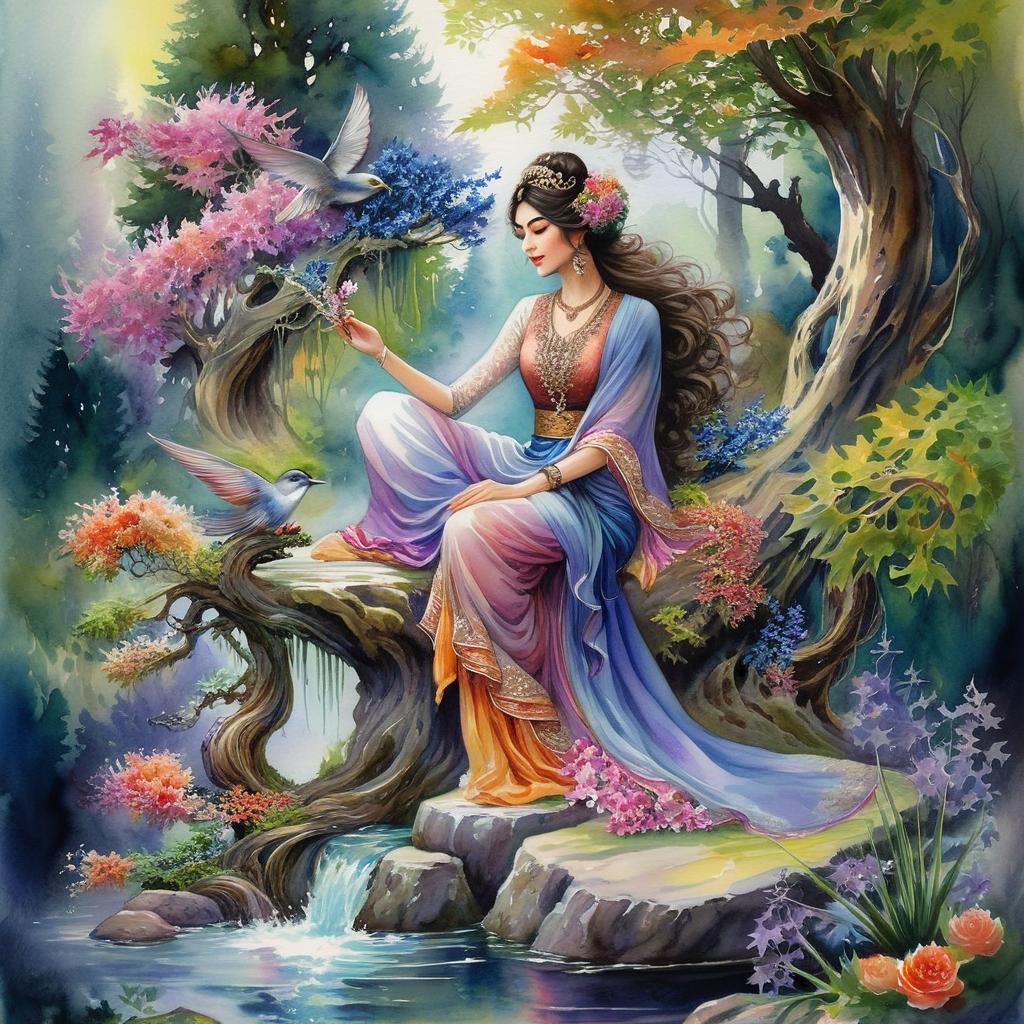 Mystical and spiritual watercolor painting of a beautiful Iranian woman sitting on a rock on a beautiful and peaceful pond in a dense forest with cypress trees, plane trees, grapevines, winding bonsai trees, and a whirlwind of colorful flowers and beautiful.