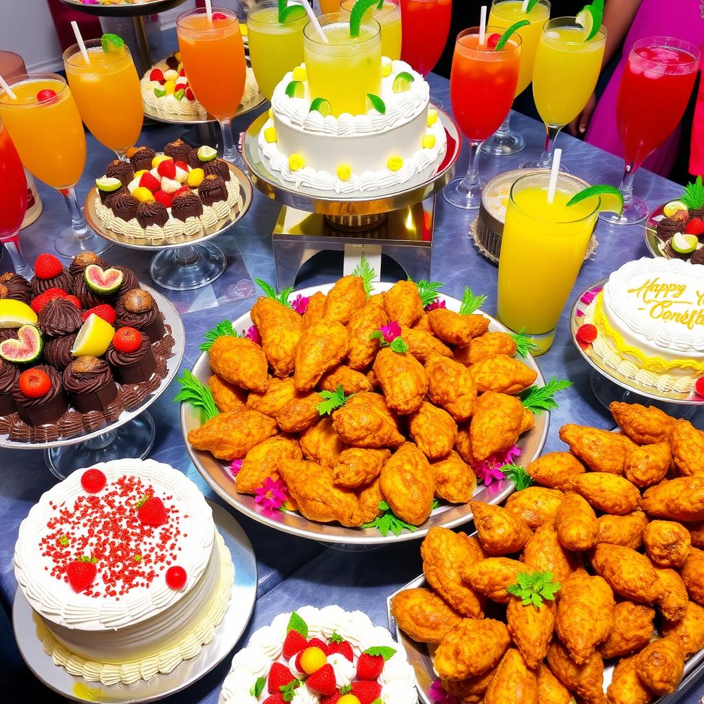 A vibrant food catering scene featuring a lavish spread of delicious fried chicken, decadent cakes, and refreshing sweet drinks
