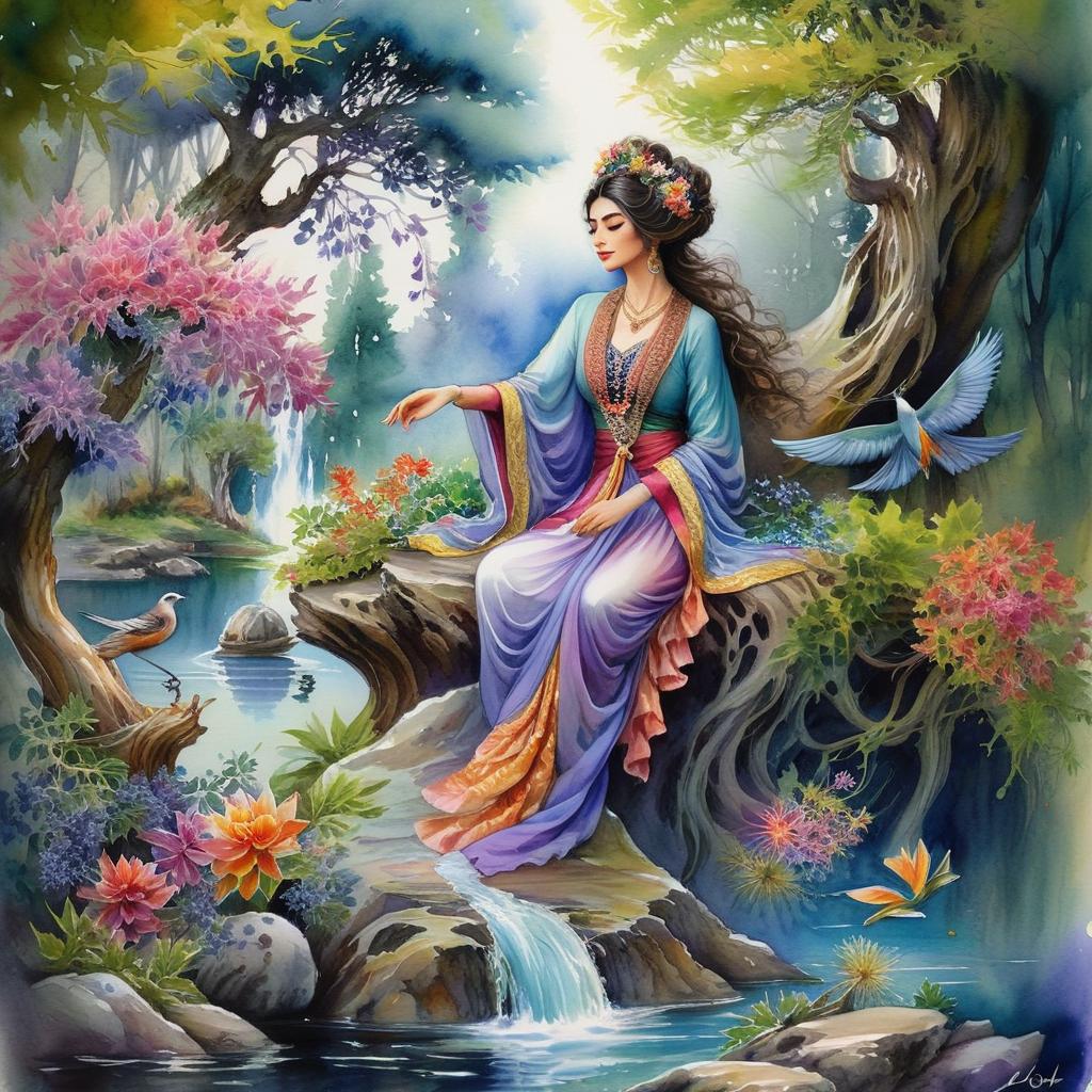 Mystical and spiritual watercolor painting of a beautiful Iranian woman sitting on a rock on a beautiful and peaceful pond in a dense forest with cypress trees, plane trees, grapevines, winding bonsai trees, and a whirlwind of colorful flowers and beautiful.