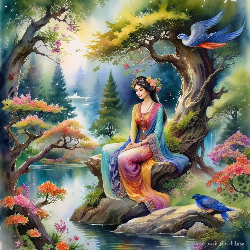 Mystical and spiritual watercolor painting of a beautiful Iranian woman sitting on a rock on a beautiful and peaceful pond in a dense forest with cypress trees, plane trees, grapevines, winding bonsai trees, and a whirlwind of colorful flowers and beautiful.