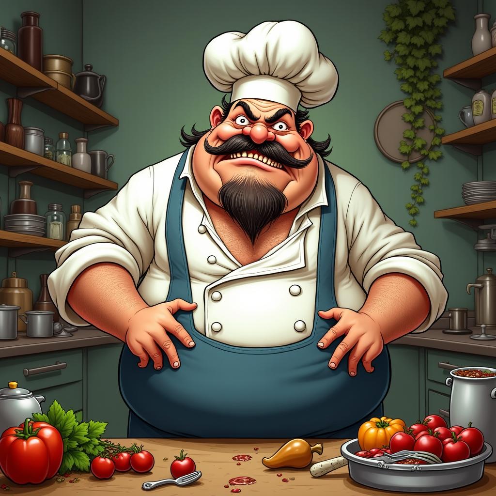 Hugh Agris, a portrayal of a fat and unkempt chef character with an unpleasant aura