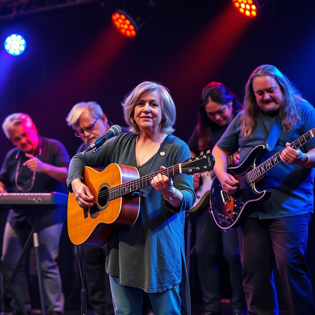 A vibrant image of a group of middle-aged musicians performing together on stage