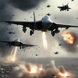 Hyper-realistic image of a squadron of fighter jets and helicopters raining down bombs and hellfire on alien forces, providing intense aerial support.