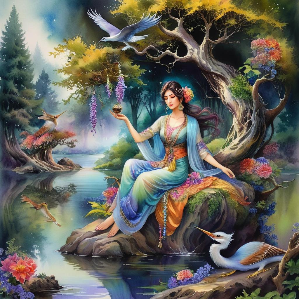 Mystical and spiritual watercolor painting of a beautiful Iranian woman sitting on a rock on a beautiful and peaceful pond in a dense forest with cypress trees, plane trees, grapevines, winding bonsai trees, and a whirlwind of colorful flowers and beautiful.