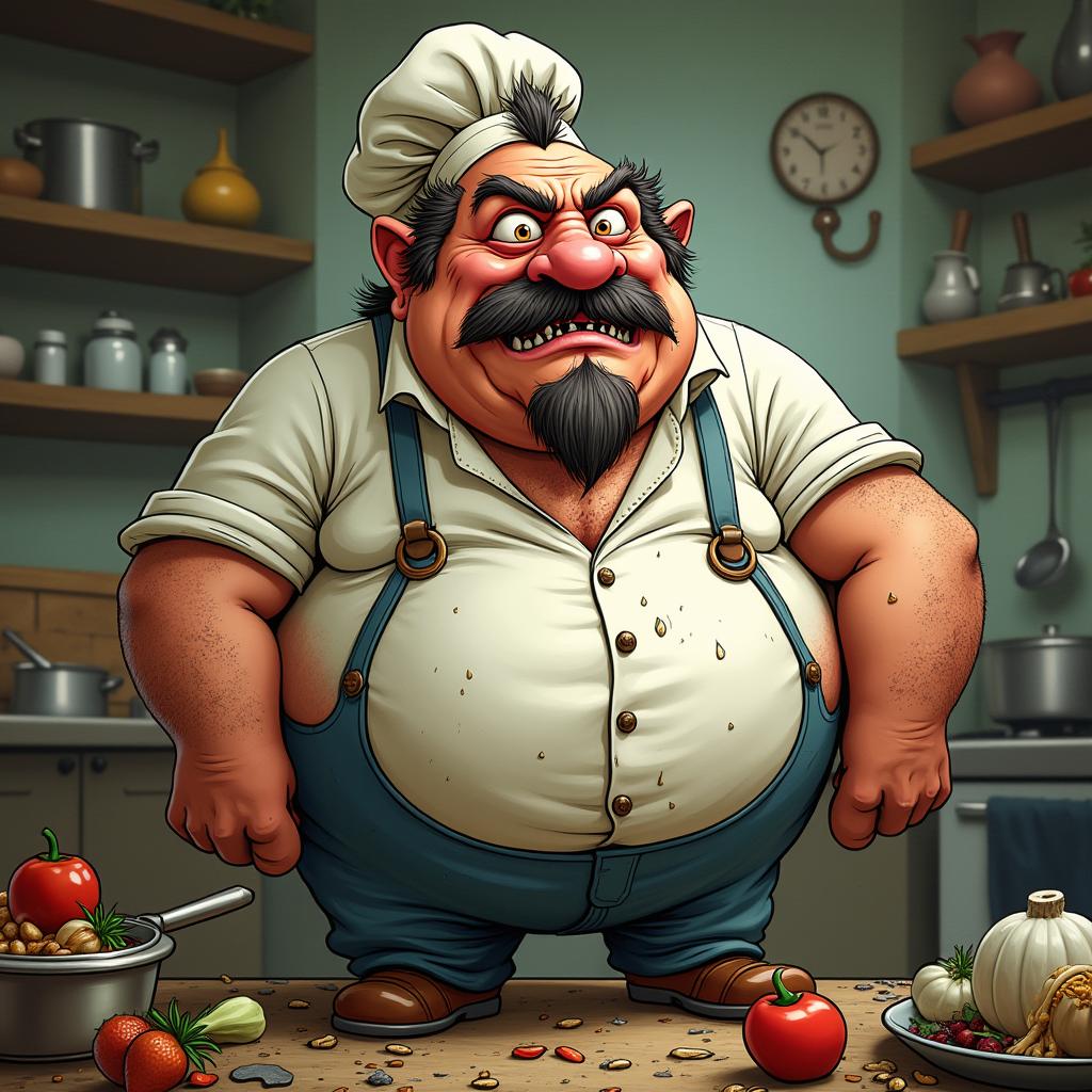 Hugh Agris, depicted as a grotesque chef character with a fat build and an unappealing presence
