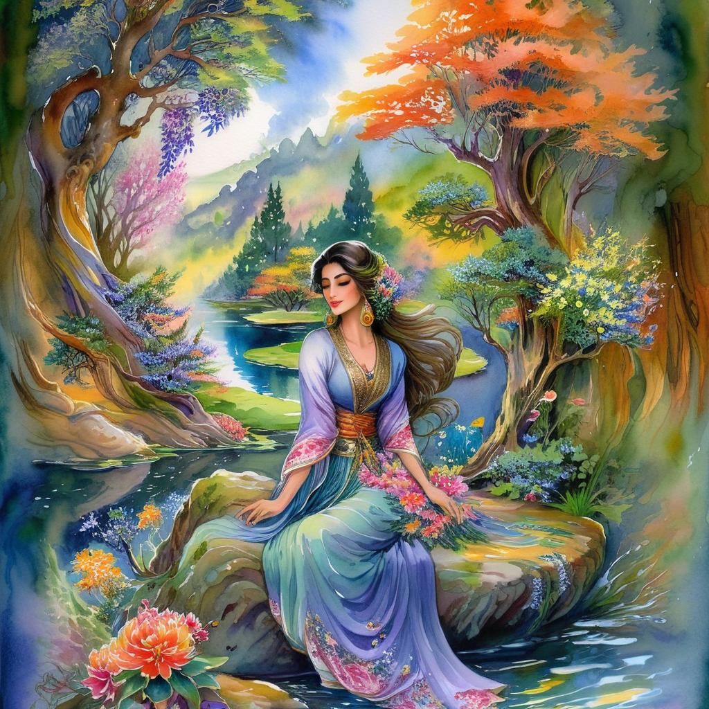 Mystical and spiritual watercolor painting of a beautiful Iranian woman sitting on a rock on a beautiful and peaceful pond in a dense forest with cypress trees, plane trees, grapevines, winding bonsai trees, and a whirlwind of colorful flowers and beautiful.