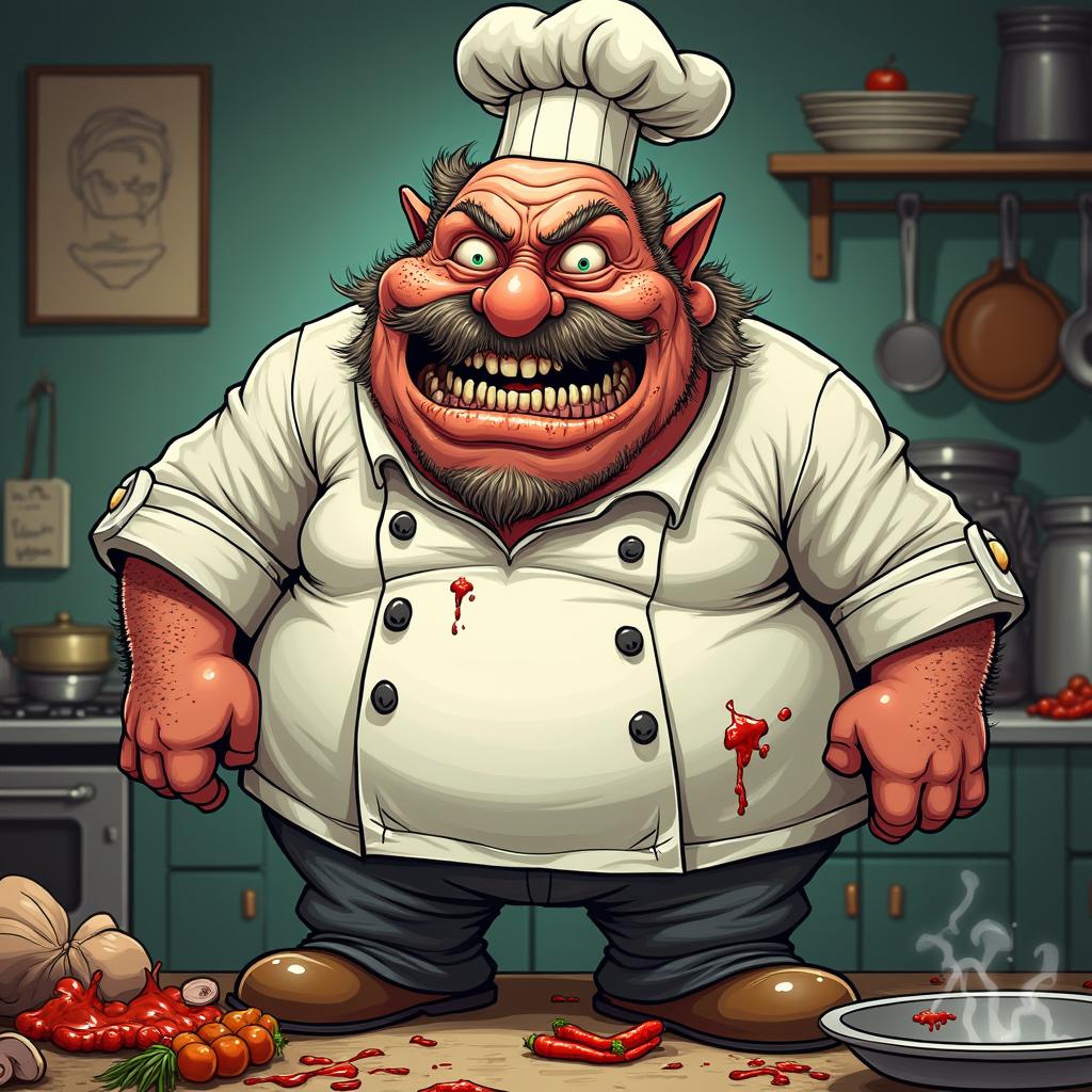 Hugh Agris, illustrated as a grotesque chef character with a significantly overweight body and a grimy appearance