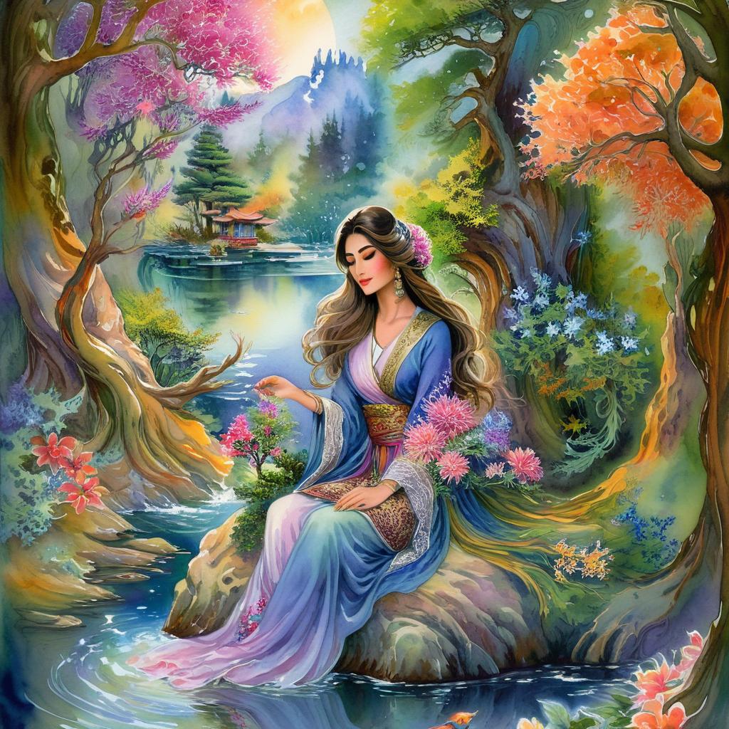 Mystical and spiritual watercolor painting of a beautiful Iranian woman sitting on a rock on a beautiful and peaceful pond in a dense forest with cypress trees, plane trees, grapevines, winding bonsai trees, and a whirlwind of colorful flowers and beautiful.