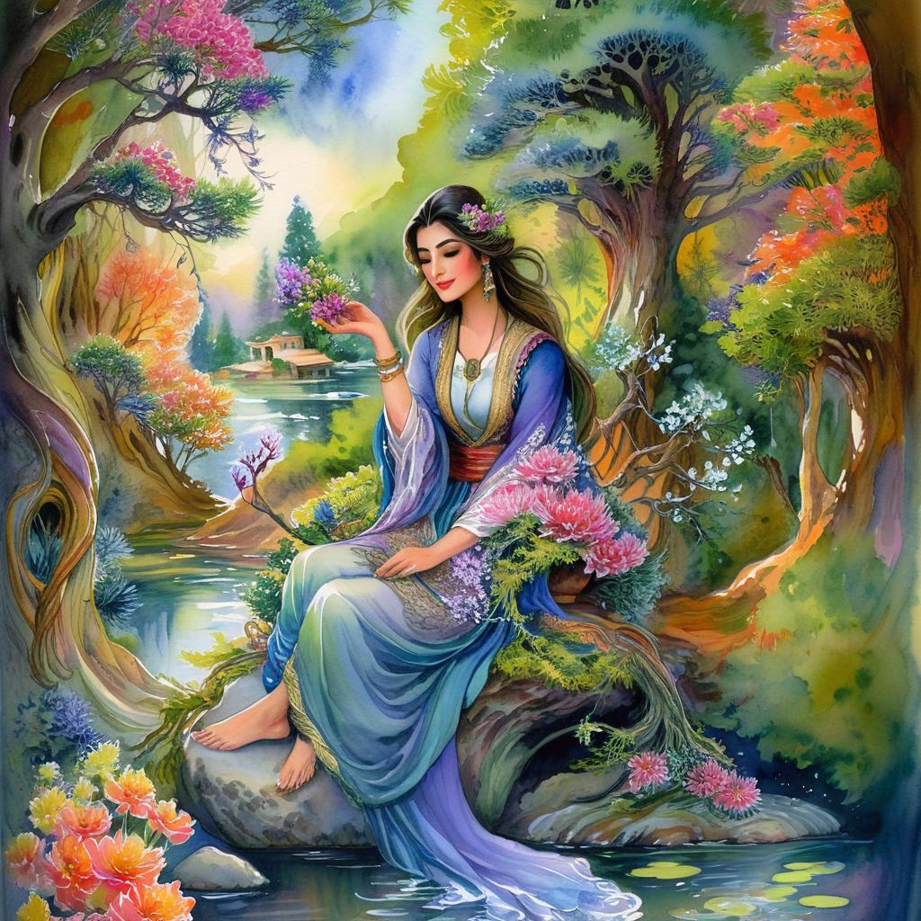 Mystical and spiritual watercolor painting of a beautiful Iranian woman sitting on a rock on a beautiful and peaceful pond in a dense forest with cypress trees, plane trees, grapevines, winding bonsai trees, and a whirlwind of colorful flowers and beautiful.
