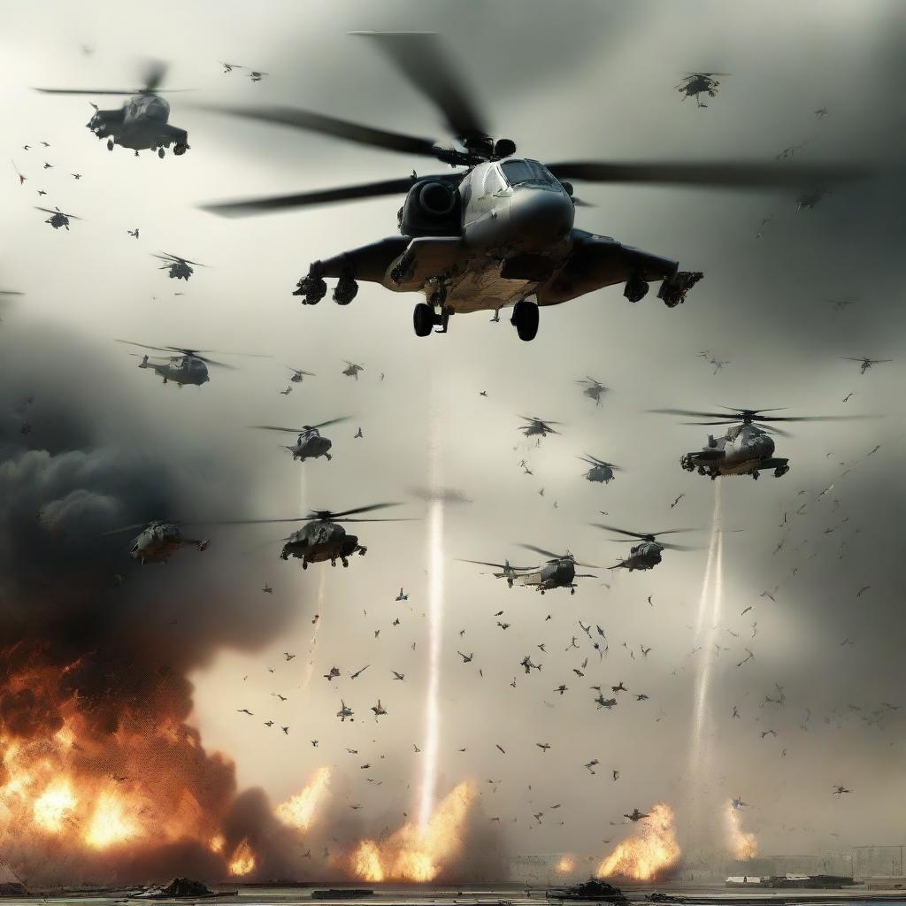 Hyper-realistic image of a squadron of fighter jets and helicopters raining down bombs and hellfire on alien forces, providing intense aerial support.