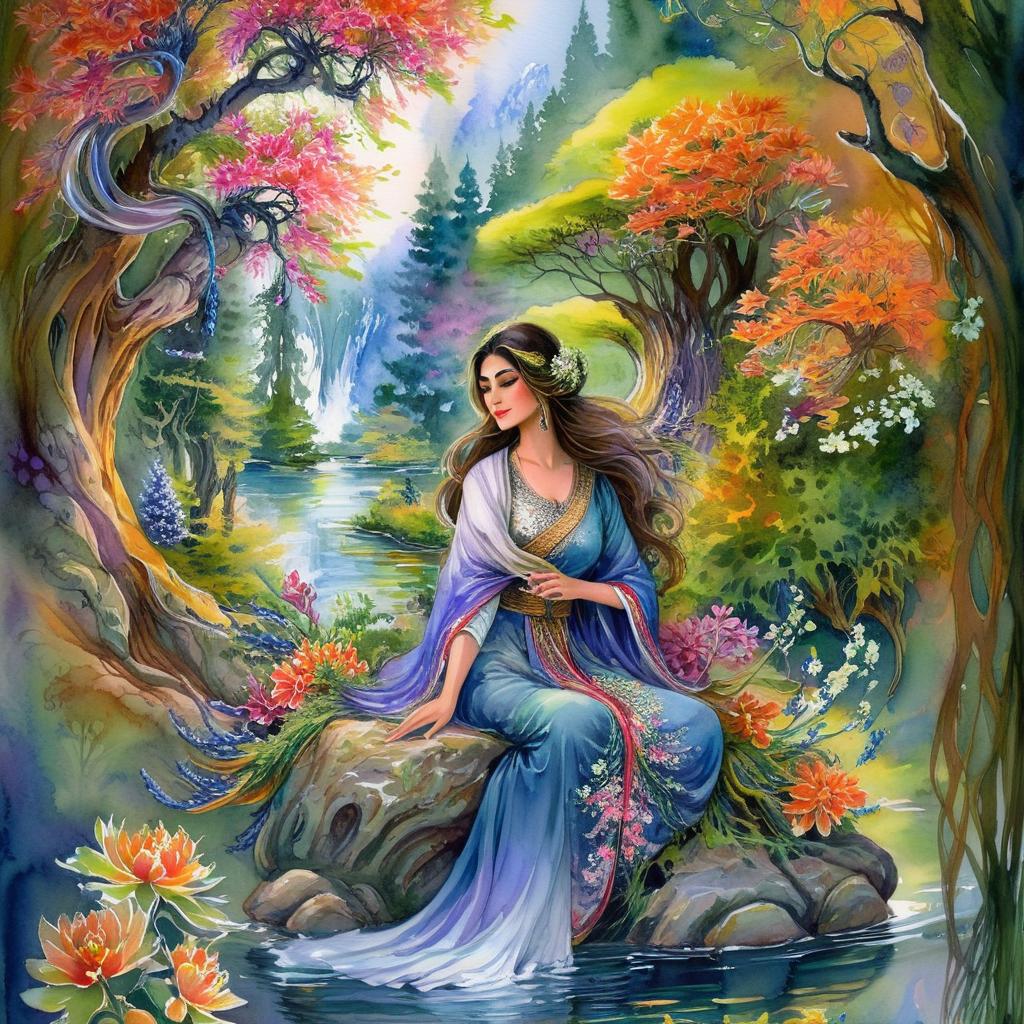 Mystical and spiritual watercolor painting of a beautiful Iranian woman sitting on a rock on a beautiful and peaceful pond in a dense forest with cypress trees, plane trees, grapevines, winding bonsai trees, and a whirlwind of colorful flowers and beautiful.