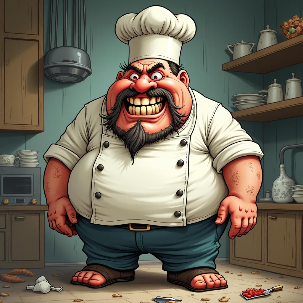 Hugh Agris, illustrated as a grotesque chef character characterized by his overweight stature and unkempt appearance